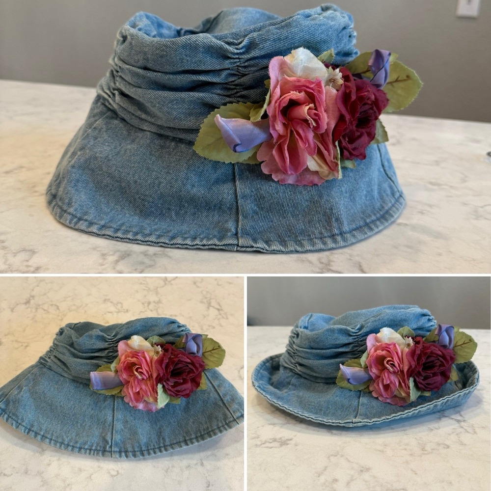 Vintage Denim Flower Hat 100% Cotton Gathered Crown Blossom Medium